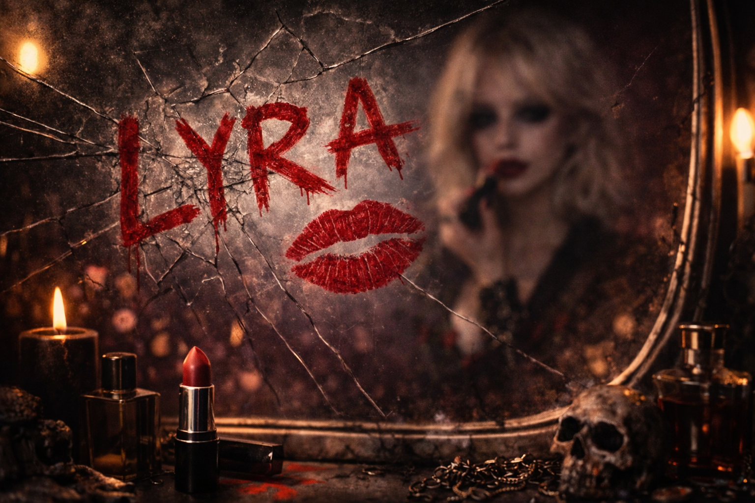 A shattered mirror marked with Lyra in lipstick, with Lyra Reid blurred in the background